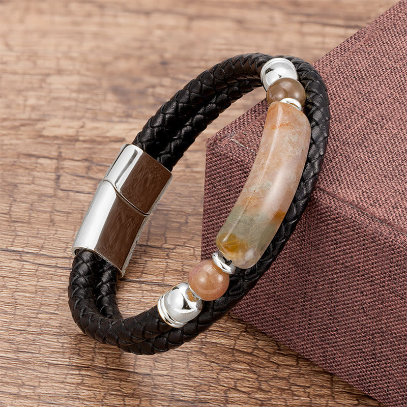 KarmaRipple's Green Aventurine Tiger Eye Green Agate Black Onyx Hematite Stone Fortune Leather Magnetic Buckle Bracelet p64