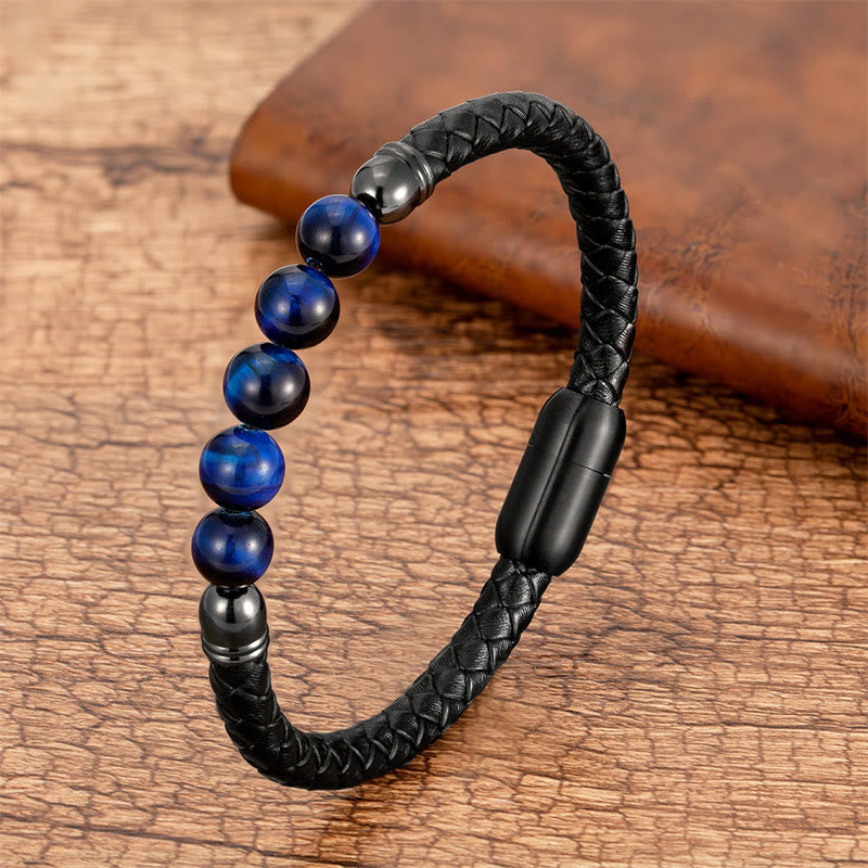 KarmaRipple's Blue Agate Tiger Eye Lava Rock Black Onyx Lazurite Bead Protection Leather Bracelet p34