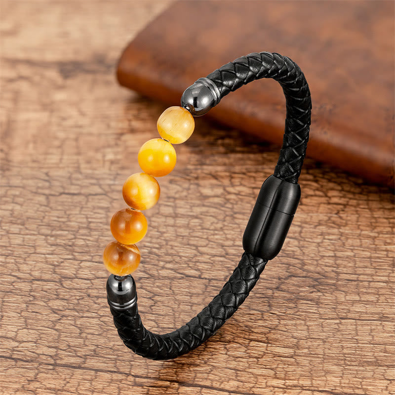 KarmaRipple's Blue Agate Tiger Eye Lava Rock Black Onyx Lazurite Bead Protection Leather Bracelet p38