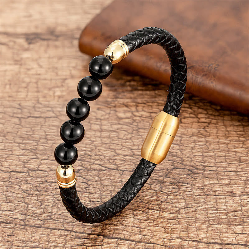 KarmaRipple's Blue Agate Tiger Eye Lava Rock Black Onyx Lazurite Bead Protection Leather Bracelet p52