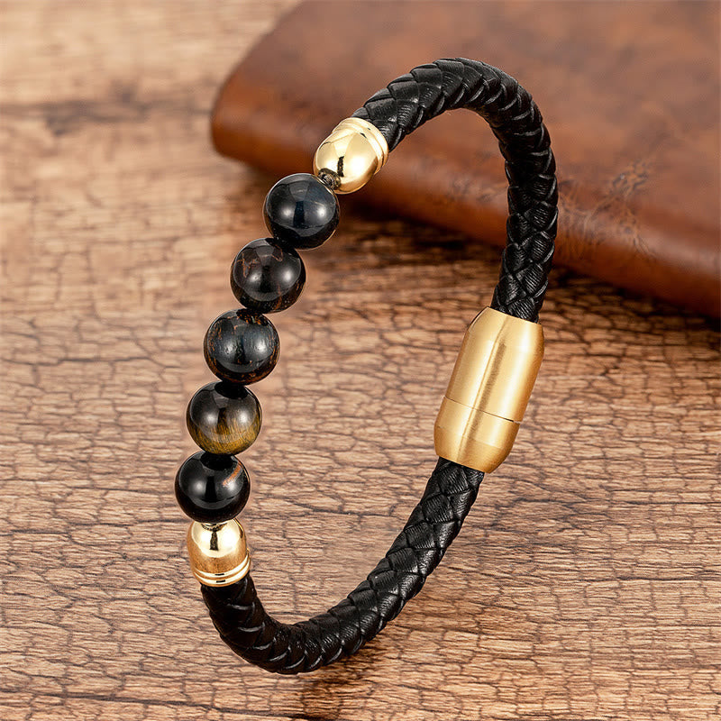 KarmaRipple's Blue Agate Tiger Eye Lava Rock Black Onyx Lazurite Bead Protection Leather Bracelet p57