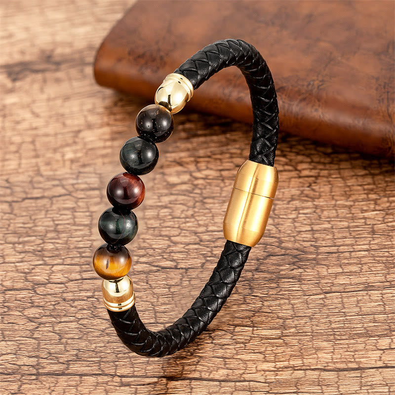 KarmaRipple's Blue Agate Tiger Eye Lava Rock Black Onyx Lazurite Bead Protection Leather Bracelet p63