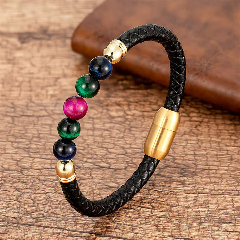 KarmaRipple's Blue Agate Tiger Eye Lava Rock Black Onyx Lazurite Bead Protection Leather Bracelet p64