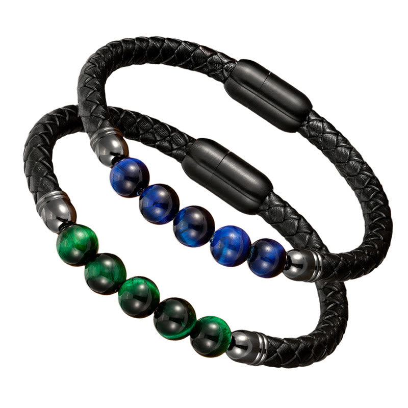 KarmaRipple's Blue Agate Tiger Eye Lava Rock Black Onyx Lazurite Bead Protection Leather Bracelet p27