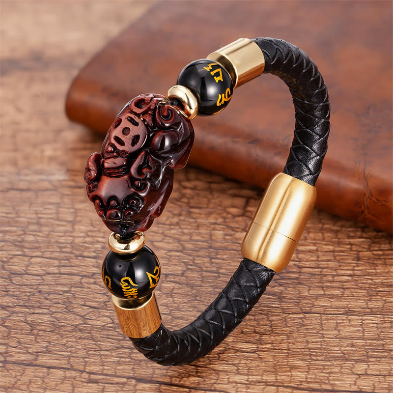 KarmaRipple's Tiger Eye Black Onyx Red Agate PiXiu Bronze Coin Om Mani Padme Hum Strength Leather Bracelet p28