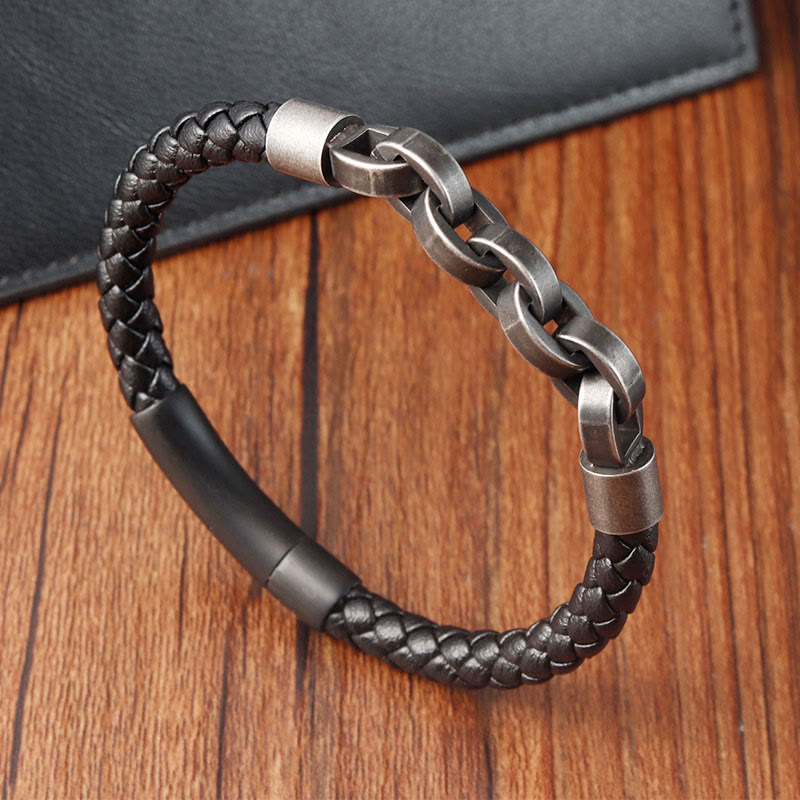 KarmaRipple's Chain Design Titanium Steel Balance Leather Woven Buckle Bracelet p16