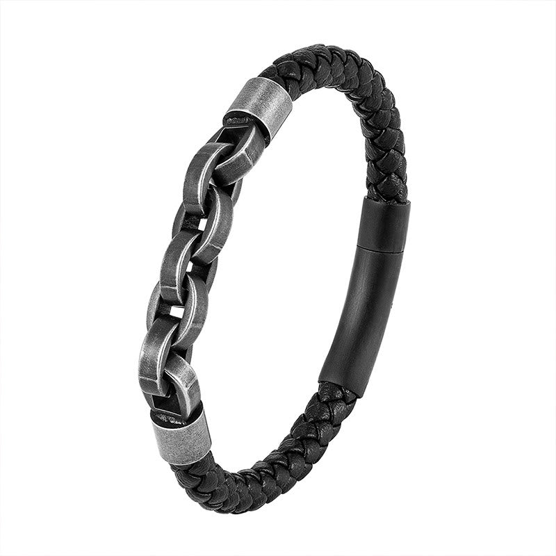 KarmaRipple's Chain Design Titanium Steel Balance Leather Woven Buckle Bracelet p14