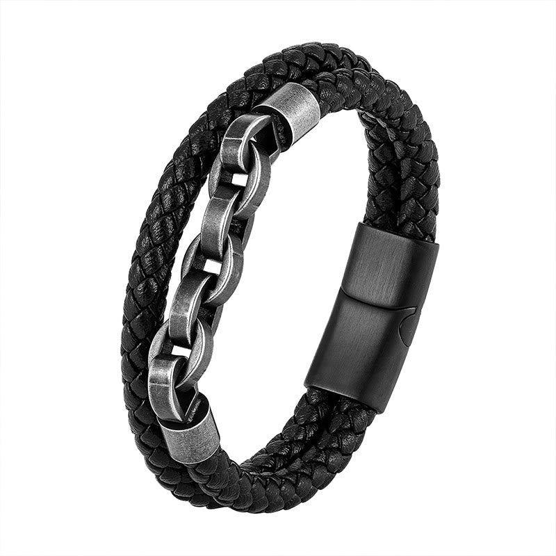 KarmaRipple's Chain Design Titanium Steel Balance Leather Woven Buckle Bracelet p7
