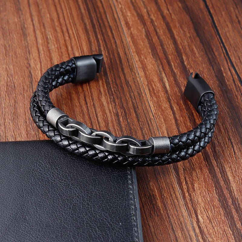 KarmaRipple's Chain Design Titanium Steel Balance Leather Woven Buckle Bracelet p6