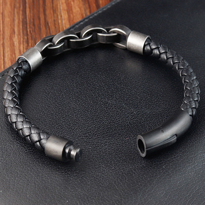 KarmaRipple's Chain Design Titanium Steel Balance Leather Woven Buckle Bracelet p13