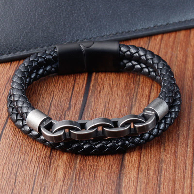 KarmaRipple's Chain Design Titanium Steel Balance Leather Woven Buckle Bracelet p3