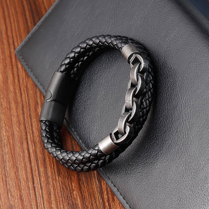 KarmaRipple's Chain Design Titanium Steel Balance Leather Woven Buckle Bracelet p5