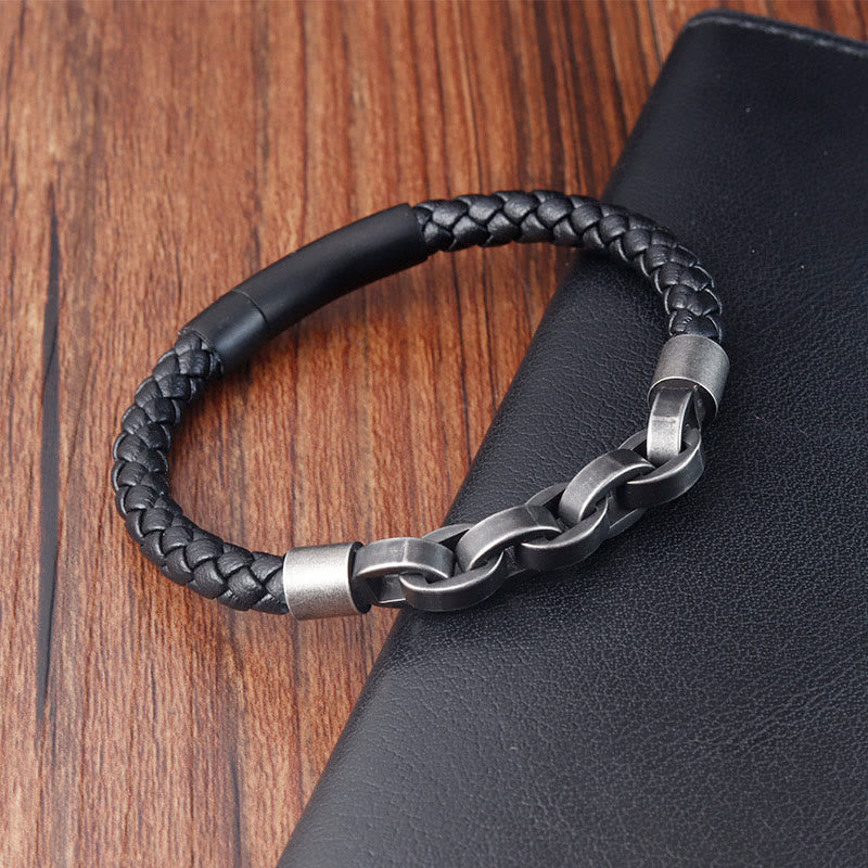 KarmaRipple's Chain Design Titanium Steel Balance Leather Woven Buckle Bracelet p10