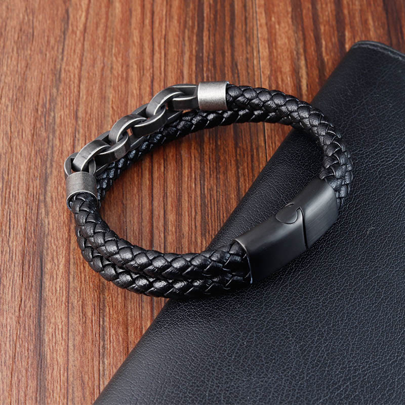 KarmaRipple's Chain Design Titanium Steel Balance Leather Woven Buckle Bracelet p4