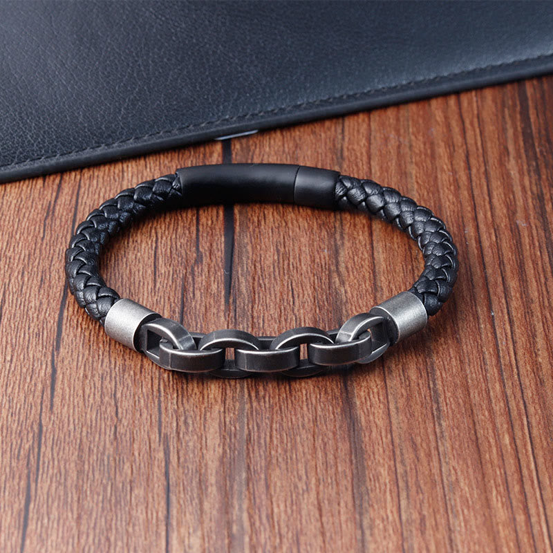 KarmaRipple's Chain Design Titanium Steel Balance Leather Woven Buckle Bracelet p11