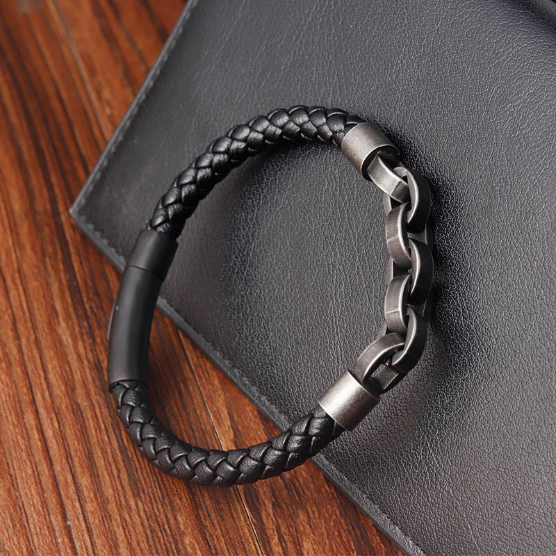 KarmaRipple's Chain Design Titanium Steel Balance Leather Woven Buckle Bracelet p12