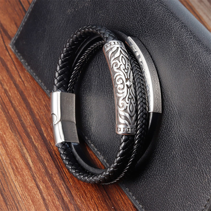 KarmaRipple's Flower Pattern Design Titanium Steel Strengthen Leather Buckle Bracelet p4