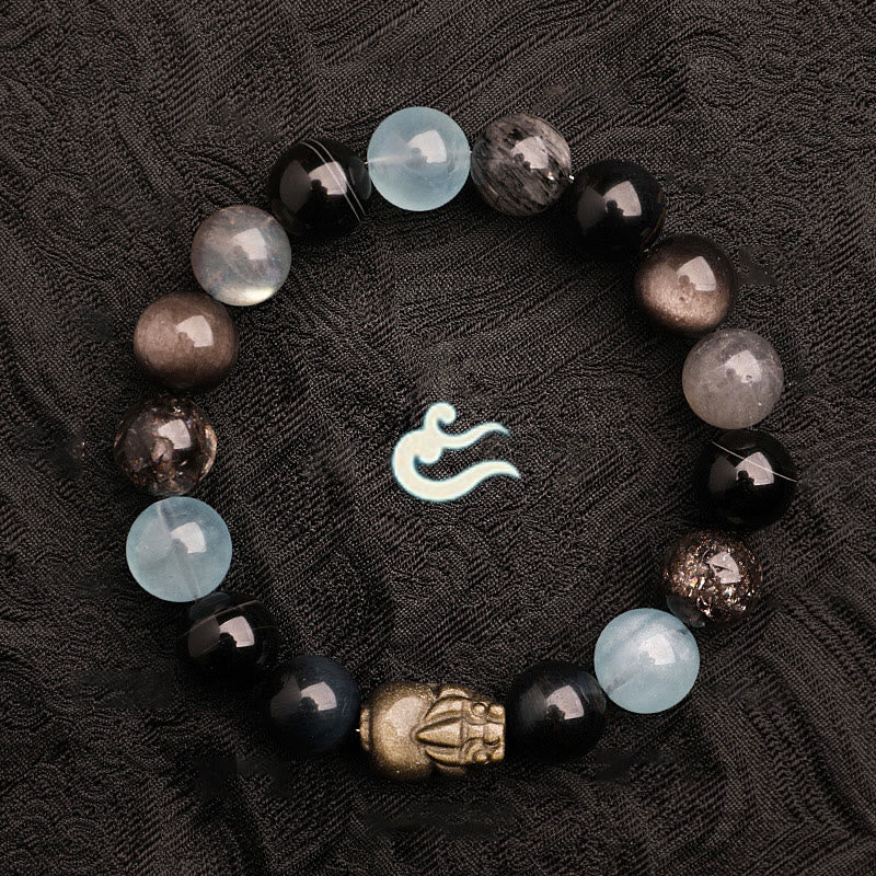 KarmaRipple's Five Elements Various Agate Gemstone Green Strawberry Quartz Moss Agate Green Phantom Fortune Bracelet p34