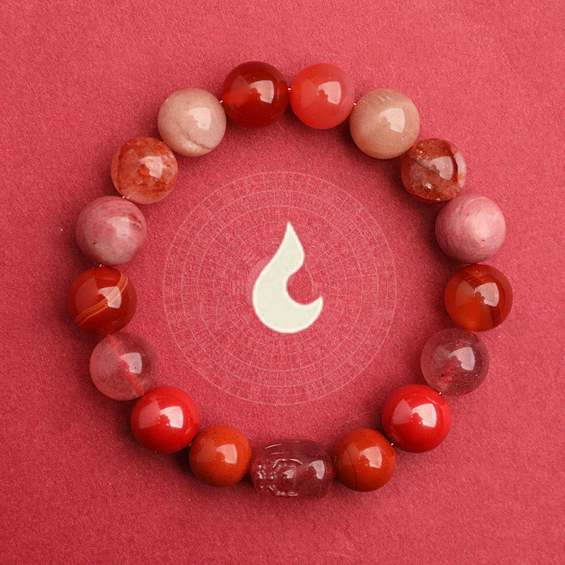KarmaRipple's Five Elements Various Agate Gemstone Green Strawberry Quartz Moss Agate Green Phantom Fortune Bracelet p37