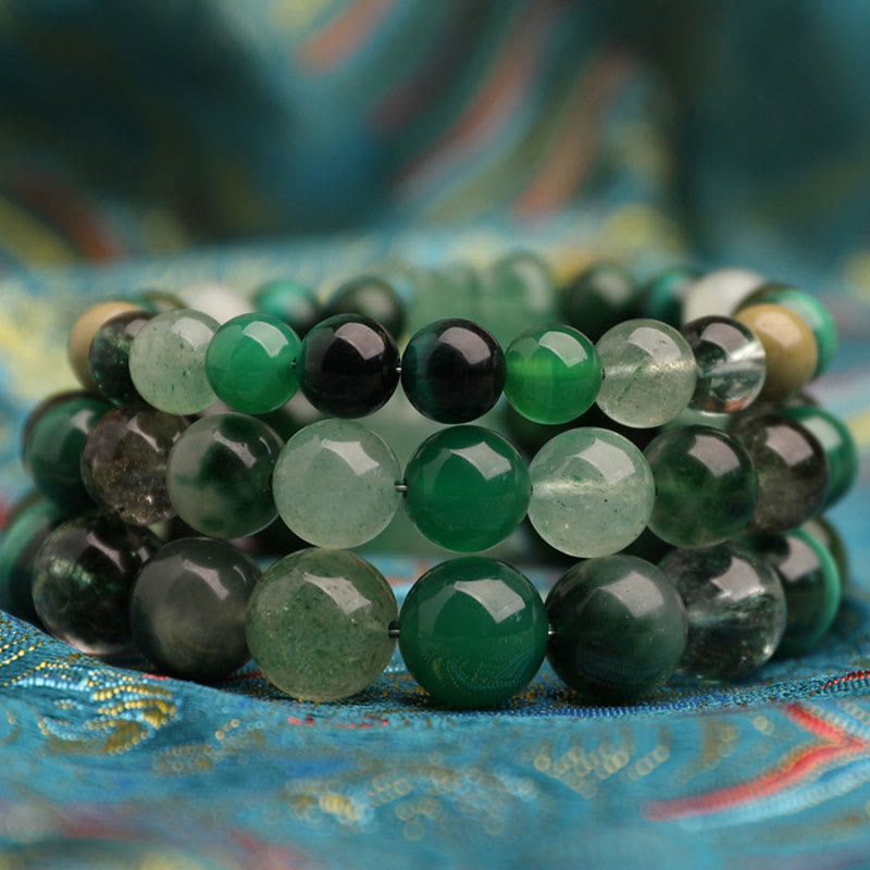 KarmaRipple's Five Elements Various Agate Gemstone Green Strawberry Quartz Moss Agate Green Phantom Fortune Bracelet p25