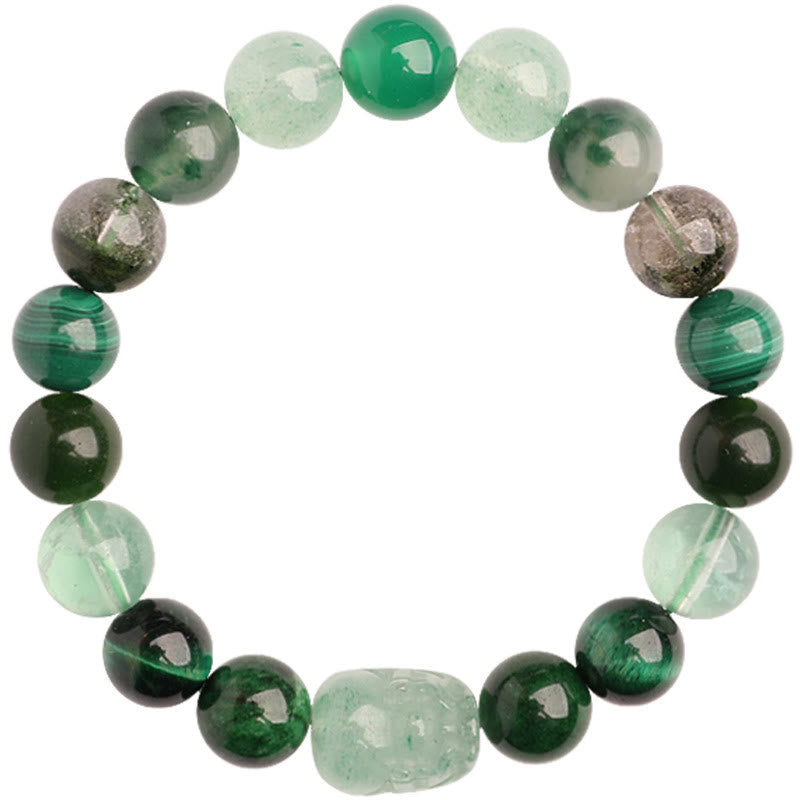 KarmaRipple's Five Elements Various Agate Gemstone Green Strawberry Quartz Moss Agate Green Phantom Fortune Bracelet p33