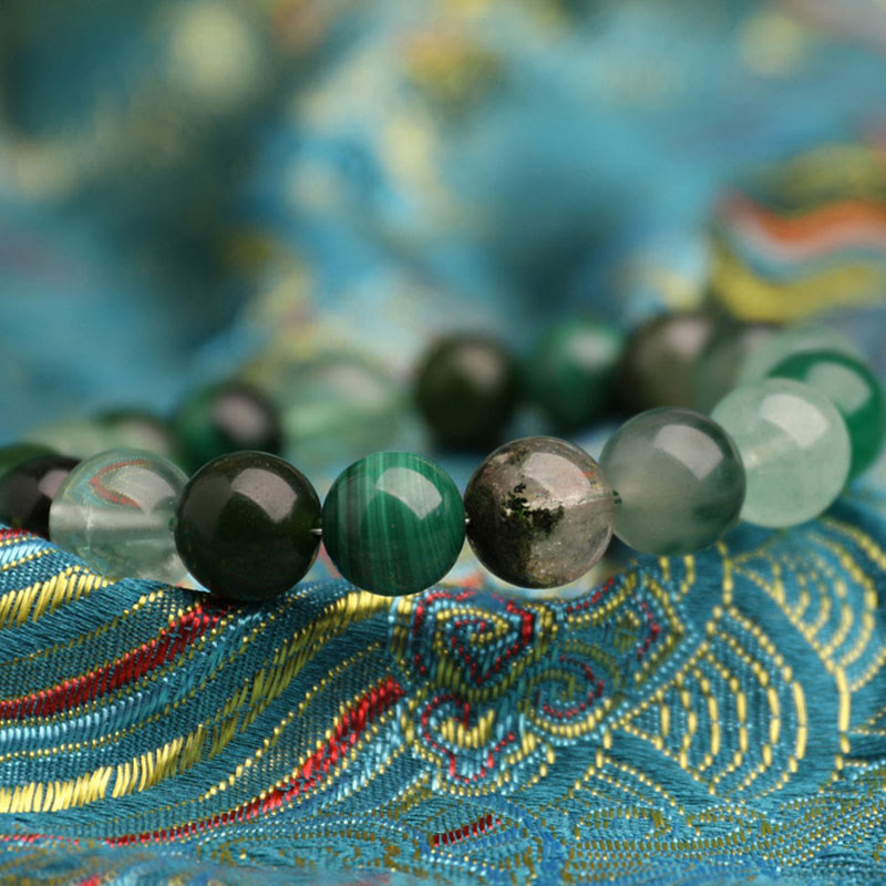 KarmaRipple's Five Elements Various Agate Gemstone Green Strawberry Quartz Moss Agate Green Phantom Fortune Bracelet p29