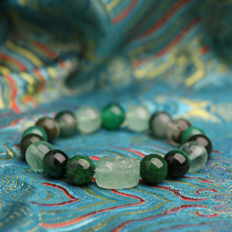 KarmaRipple's Five Elements Various Agate Gemstone Green Strawberry Quartz Moss Agate Green Phantom Fortune Bracelet p28