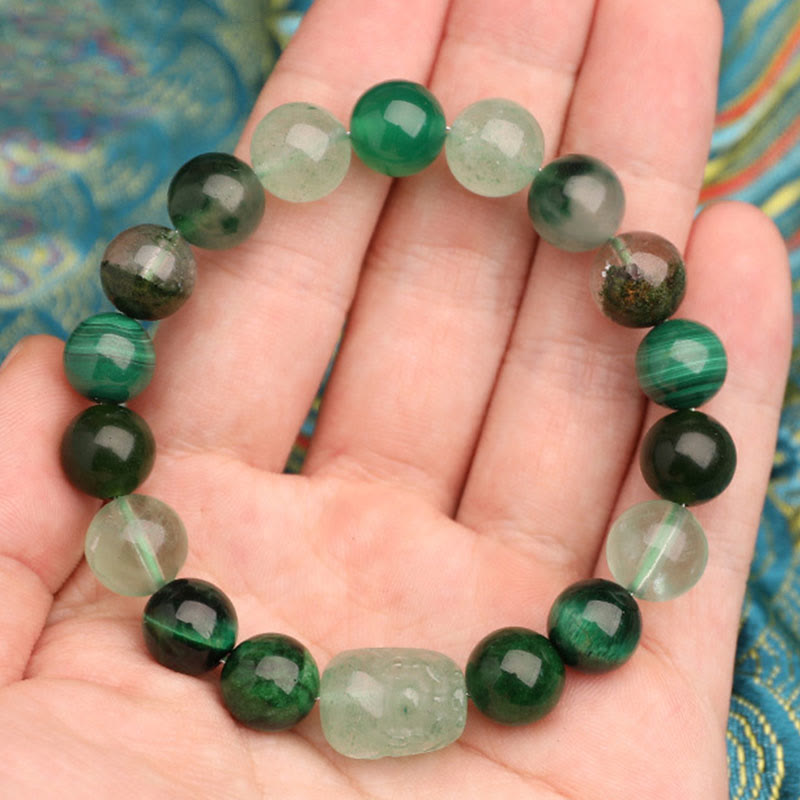 KarmaRipple's Five Elements Various Agate Gemstone Green Strawberry Quartz Moss Agate Green Phantom Fortune Bracelet p31