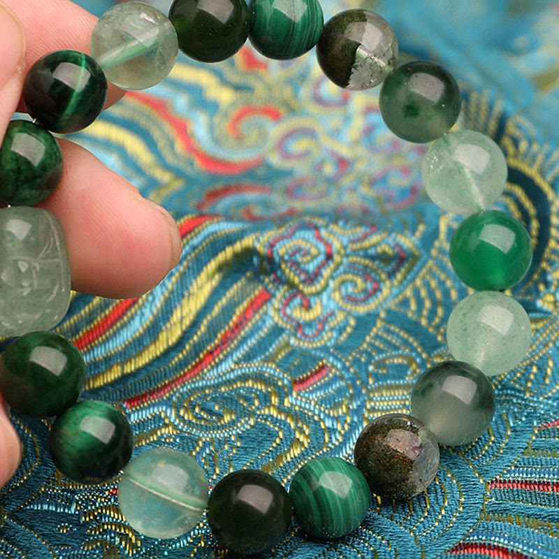 KarmaRipple's Five Elements Various Agate Gemstone Green Strawberry Quartz Moss Agate Green Phantom Fortune Bracelet p32