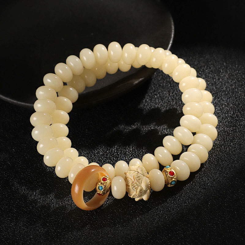 KarmaRipple's Bodhi Seed Peach Wood Lotus Wealth Double Wrap Bracelet p1