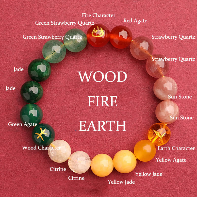 KarmaRipple's Five Elements Various Agate Gemstone Green Strawberry Quartz Sun Stone Wealth Bracelet p55