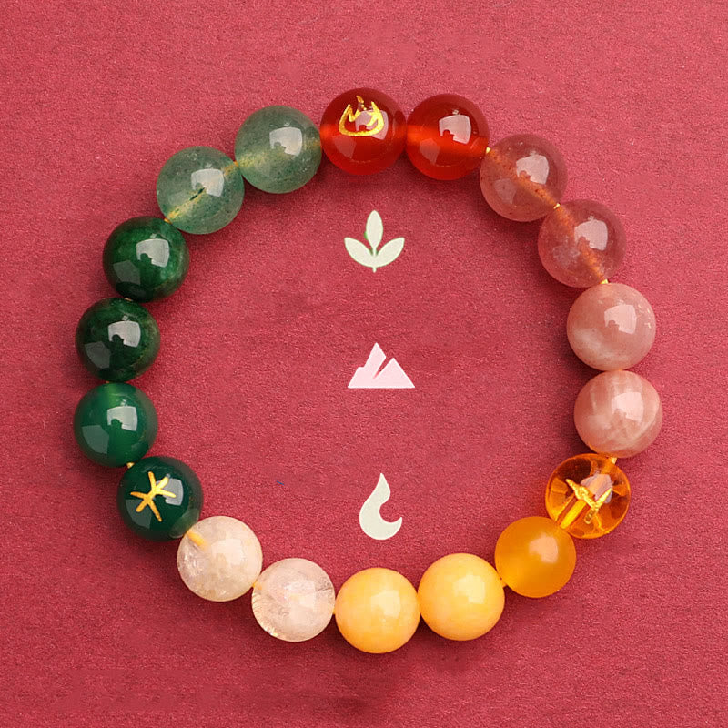 KarmaRipple's Five Elements Various Agate Gemstone Green Strawberry Quartz Sun Stone Wealth Bracelet p21