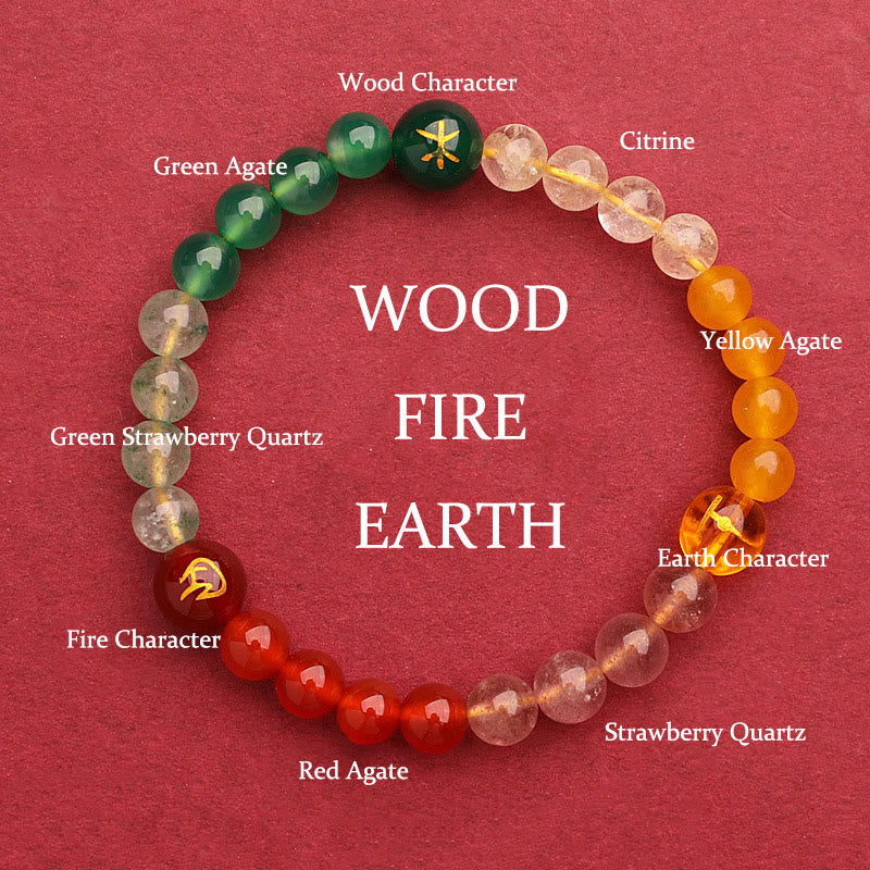 KarmaRipple's Five Elements Various Agate Gemstone Green Strawberry Quartz Sun Stone Wealth Bracelet p1