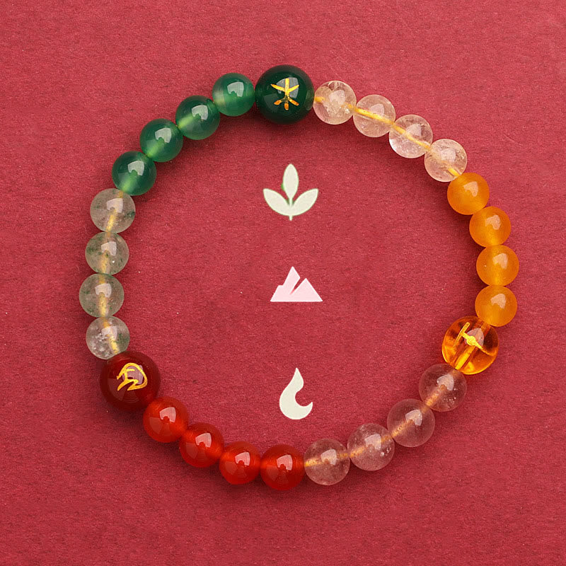 KarmaRipple's Five Elements Various Agate Gemstone Green Strawberry Quartz Sun Stone Wealth Bracelet p22