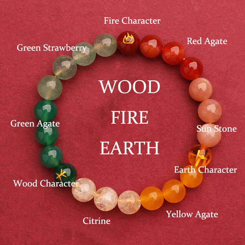 KarmaRipple's Five Elements Various Agate Gemstone Green Strawberry Quartz Sun Stone Wealth Bracelet p54