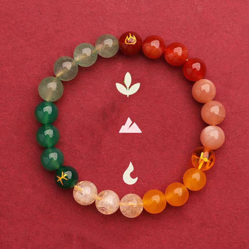 KarmaRipple's Five Elements Various Agate Gemstone Green Strawberry Quartz Sun Stone Wealth Bracelet p29