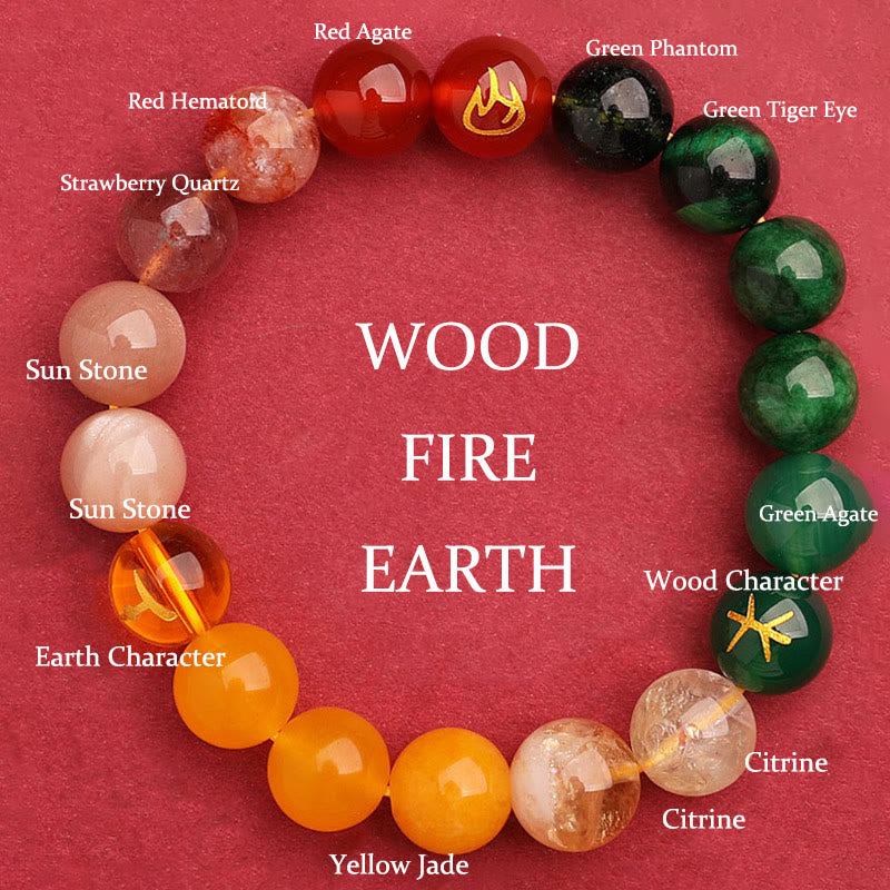 KarmaRipple's Five Elements Various Agate Gemstone Green Strawberry Quartz Sun Stone Wealth Bracelet p56