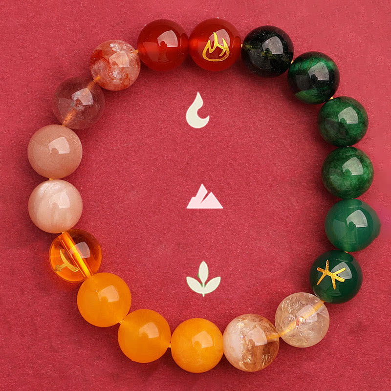 KarmaRipple's Five Elements Various Agate Gemstone Green Strawberry Quartz Sun Stone Wealth Bracelet p30