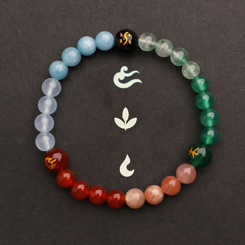 KarmaRipple's Five Elements Various Agate Gemstone Green Strawberry Quartz Sun Stone Wealth Bracelet p43
