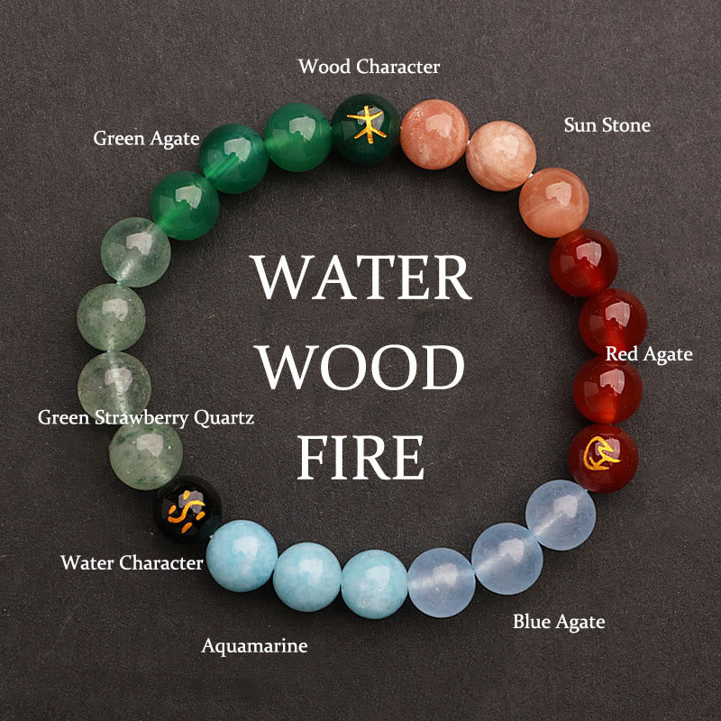 KarmaRipple's Five Elements Various Agate Gemstone Green Strawberry Quartz Sun Stone Wealth Bracelet p14