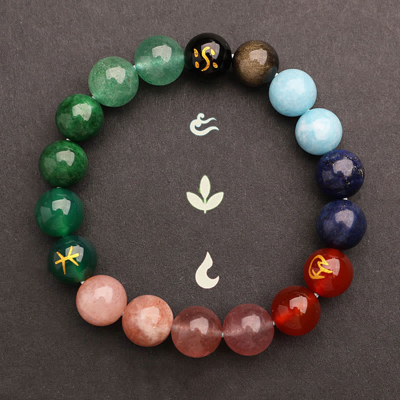 KarmaRipple's Five Elements Various Agate Gemstone Green Strawberry Quartz Sun Stone Wealth Bracelet p45