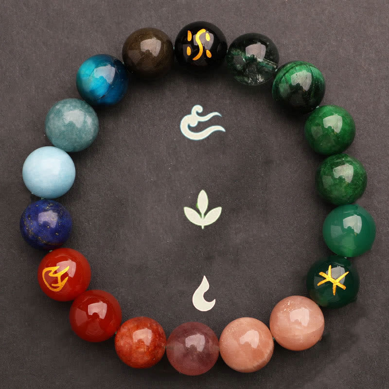 KarmaRipple's Five Elements Various Agate Gemstone Green Strawberry Quartz Sun Stone Wealth Bracelet p47