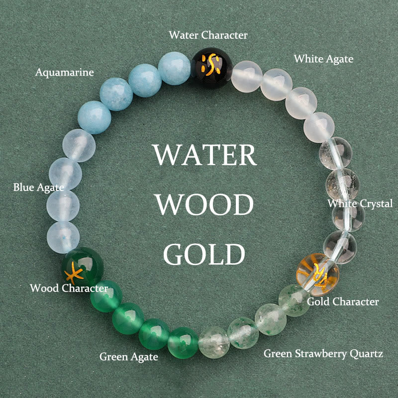 KarmaRipple's Five Elements Various Agate Gemstone Green Strawberry Quartz Sun Stone Wealth Bracelet p69