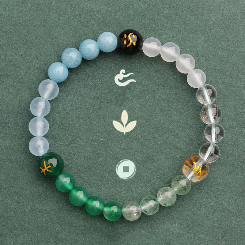 KarmaRipple's Five Elements Various Agate Gemstone Green Strawberry Quartz Sun Stone Wealth Bracelet p48