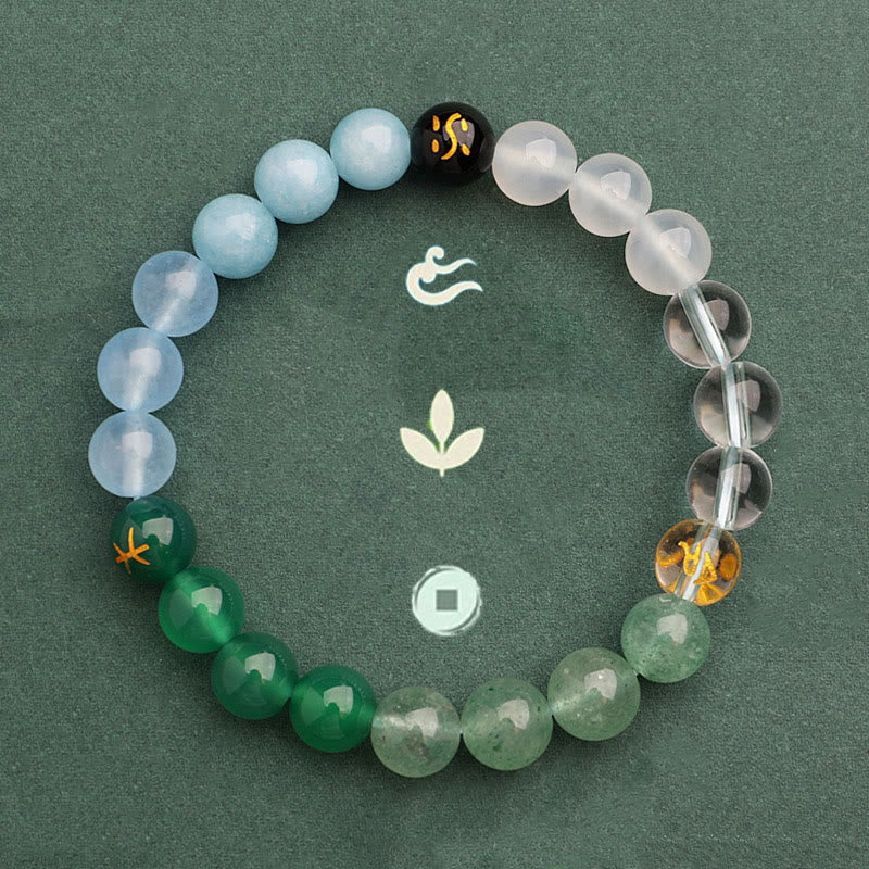 KarmaRipple's Five Elements Various Agate Gemstone Green Strawberry Quartz Sun Stone Wealth Bracelet p50