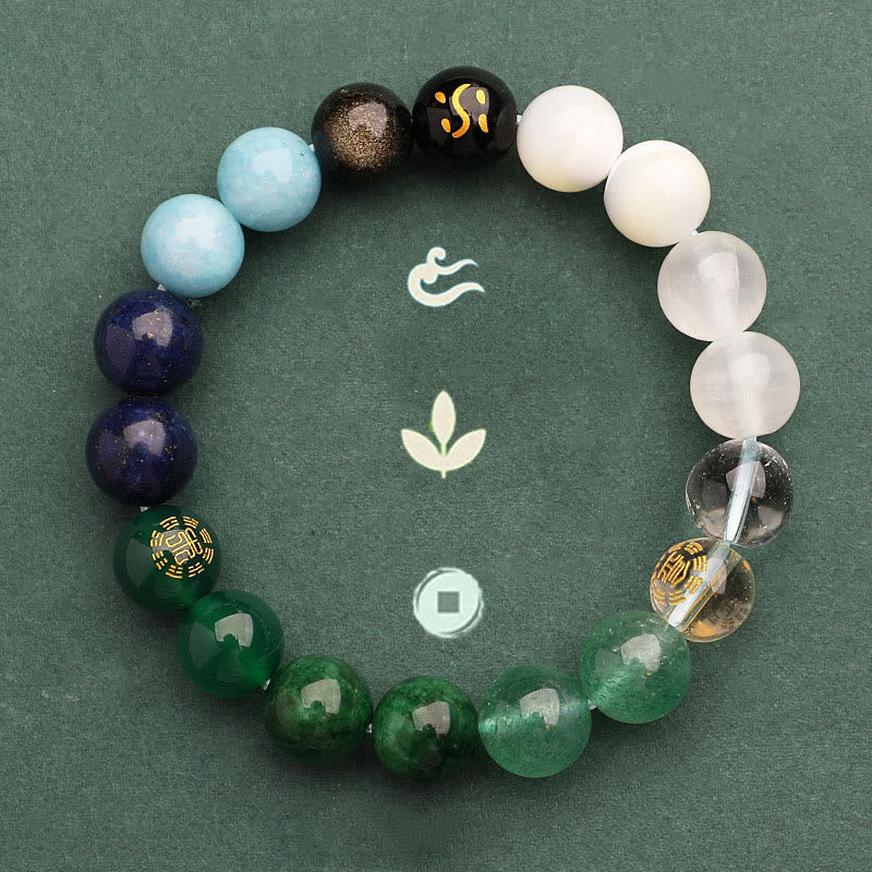 KarmaRipple's Five Elements Various Agate Gemstone Green Strawberry Quartz Sun Stone Wealth Bracelet p51