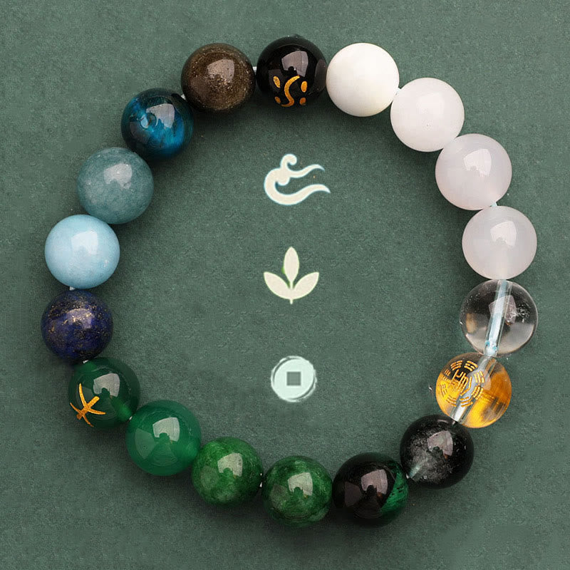 KarmaRipple's Five Elements Various Agate Gemstone Green Strawberry Quartz Sun Stone Wealth Bracelet p52
