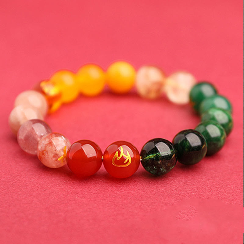 KarmaRipple's Five Elements Various Agate Gemstone Green Strawberry Quartz Sun Stone Wealth Bracelet p31