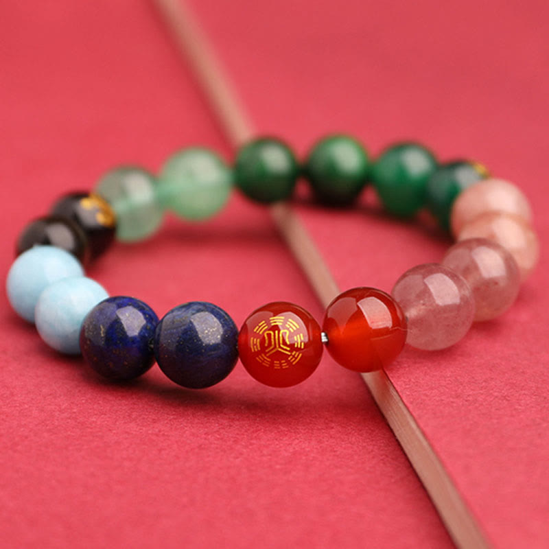 KarmaRipple's Five Elements Various Agate Gemstone Green Strawberry Quartz Sun Stone Wealth Bracelet p46