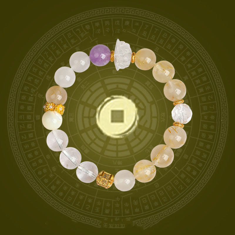 KarmaRipple's Five Elements Various Agate Gemstone Green Phantom Rutilated Quartz Green Grape Agate Malachite Fortune Bracelet p14